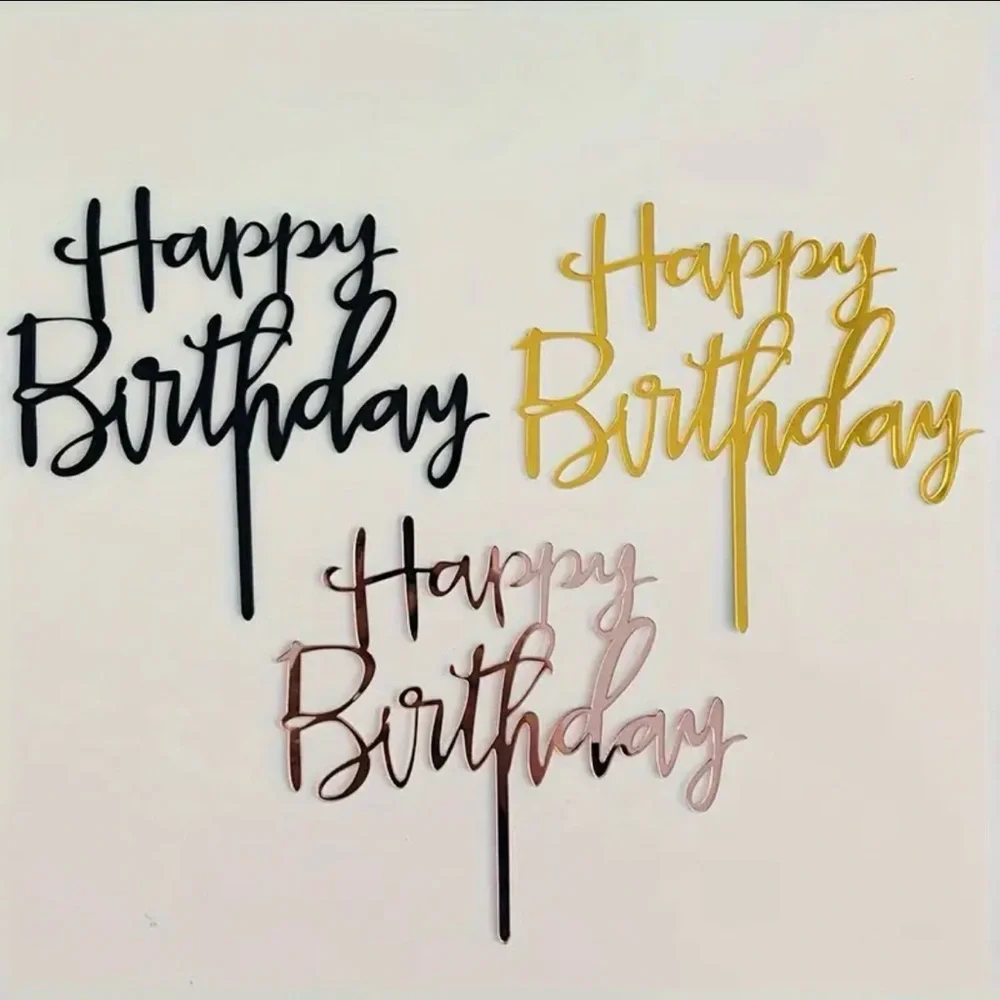 Set of 3 Happy Birthday cake toppers Black, gold & pink